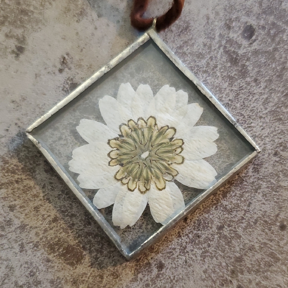 Glass And Daisy Pendant Necklace with Brown Leather Cord - Picture 3 of 3